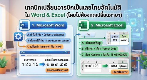 เทคนิคเปลี่ยนเลขอารบิกเป็นเลขไทยอัตโนมัติใน Word และ Excel โดยไม่ต้องกดเปลี่ยนภาษา